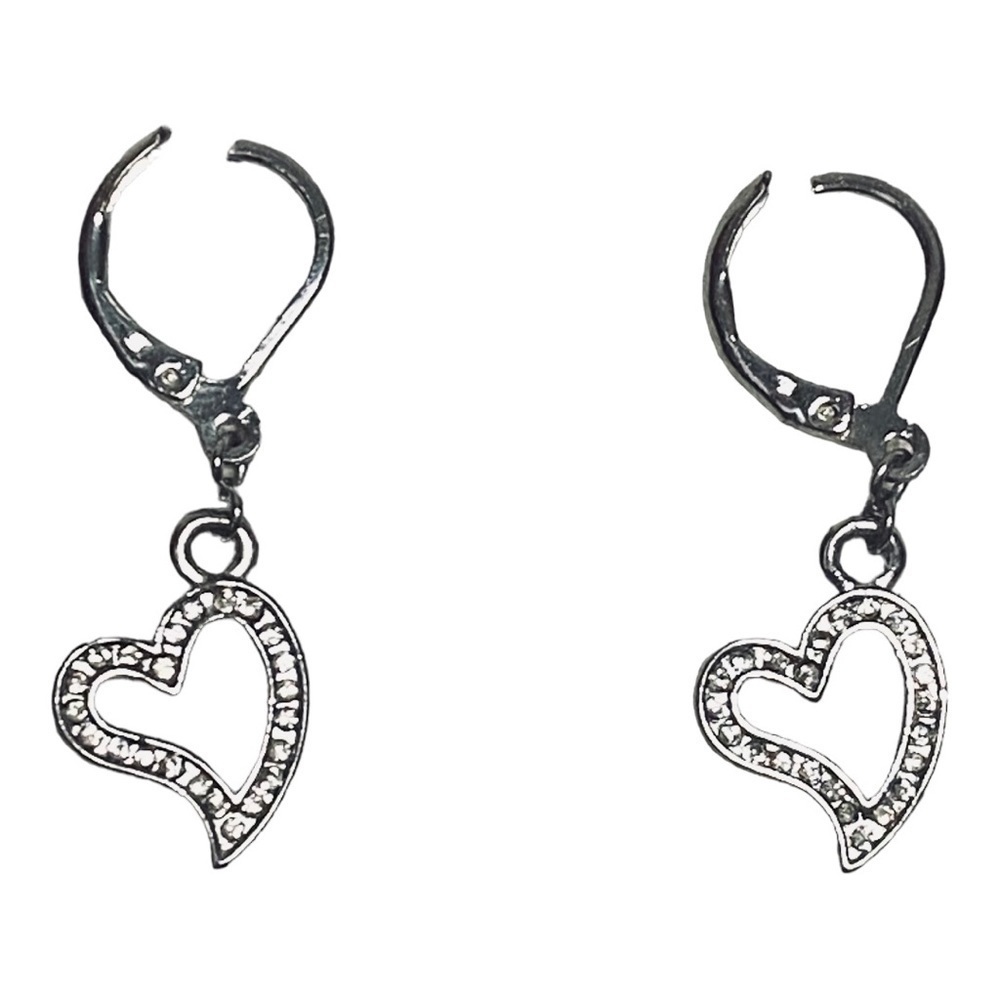 Silvertone Open Heart Clear Dangling Huggie Hoop Earrings with small Rhinestones